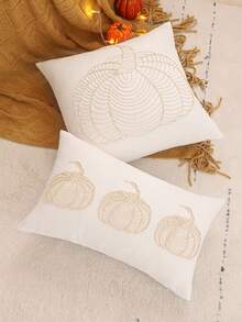 Federa decorativa per cuscino da lancio per il Ringraziamento, tela con ricamo di zucca e corda, adatta per soggiorno, camera da letto, Ognissanti, autunno, colore crema - Beige - Visualizzare 2