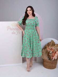 Pleated Midi Dress, Short Puff Sleeves, High Waist, Printed Crepe, Evangelical Fashion - 青檸色 - 查看 2