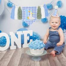 [INS Style Big Goose Theme] 1 Year Old Baby Birthday Party Decorations - Wooden Bead Tassel Garland + Cute Blue Birthday Hat, Boho Style 1st Birthday Party Props, Baby Photo Shoot Background Decor