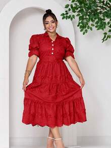 Women's Midi Dress With Embroidered Laise, All-Over Print, Embroidery, Button, Ruffle, Gathered, Formal And Evening - Wine 3d - View 2