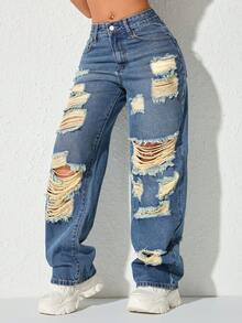 Rave Y2K Vintage High Waist Ripped Straight Leg Jeans With Side Pockets - Navy Blue - View 5