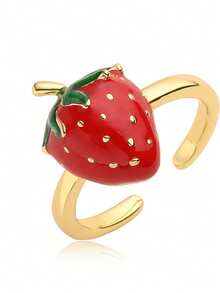 1pc Fruit Series Open Ring, Cute Strawberry & Cherry Design, Suitable For Girls, Fresh And Unique, Durable Color, Suitable For Daily And Back To School Wear - Multicolor - View 6