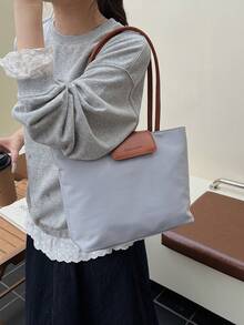 新款女士大容量尼龙休闲纯色手提包、单肩包、饺子包、托特包 - 灰色 - 查看 7