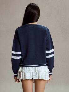 Women's New York Letter Pattern Sweatshirt V Neck Long Sleeve Pullover, Cable Knit Striped Casual Tennis Loose Top, Spring Autumn Winter - Multicolor - View 5