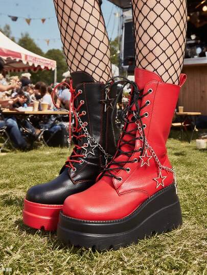 Goth Platform Boots For Women Punk Combat Boots Mid Calf Motorcycle Boots Round Toe Boots Lace-Up Back Zip Wedges Y2K Cosplay Size 11