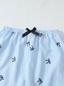 مجموعة بيجامة مكونة من 2 قطعة، طباعة الفيونكة المخططة، ملابس علوية كم طويل ياقة وبنطلون فيونكة، ملابس نوم وملابس منزلية للنساء، موسم الخريف/الشتاء، ملابس باللون الأزرق الفاتح الرائع - الأزرق - مشاهدة 6