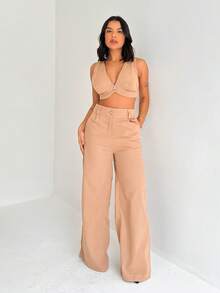 Thick Strap Top And Wide Leg Linen Pants Set - Beis - Ver 2