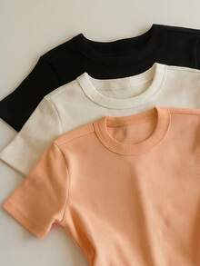 Kit 3 Short Sleeve Ribbed Blouses For Women, Basic, Elegant, Summer - Cá hồi/Trắng/Đen - Xem 2