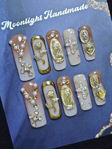10pcs Handmade Long Steel Tube Nails, Featuring Pink And Nude Gradient, Golden French Tips, Chain Crosses, Golden Flowers, Golden Madonna, Cross, Heart Peach Nail Art Decorations - 藕粉色 - 查看 2