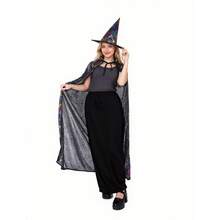 Set de 2 piezas de capa negra y sombrero puntiagudo con estampado de telaraña de colores, conjunto de disfraz de bruja para Halloween, con capa interior intercambiable, disfraz para fiesta de magia y cosplay