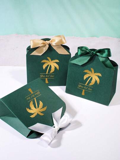 10/50 Stücke bedruckter Geschenktüte mit Palmbaum und Schleife, grün und gold Gastgeschenk Box für den Saudischen Nationalfeiertag, Eid, Hochzeit, Party, Verpackung für Süßigkeiten, Schokolade, Kekse, arabischer Stil wiederverwendbare Papiertüte für Rückgabegeschenke