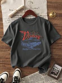 Girls & Kids Casual Leopard Print Vintage Car Graphic Round Neck Short Sleeve T-Shirt, Colorful Pattern Brings Joy To Every Child! Children Clothing, Girls Graphic Tee, Summer Top, Teen Apparel - Dark Grey - View 4
