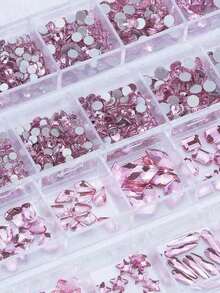 2 盒，24 格，浅粉色美甲水钻，12 格不对称 + 12 格圆形混合尺寸美甲钻美甲宝石适用于手机家居和沙龙，闪亮 DIY Y2K 美甲装饰美甲用品宝石指甲美甲饰品