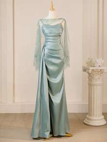 Fall Glamorous Elegant Spaghetti Strap Formal Evening Prom Wedding Guest Gown, With Draped Side,For Graduation, Dinner - Baby Blue - View 1