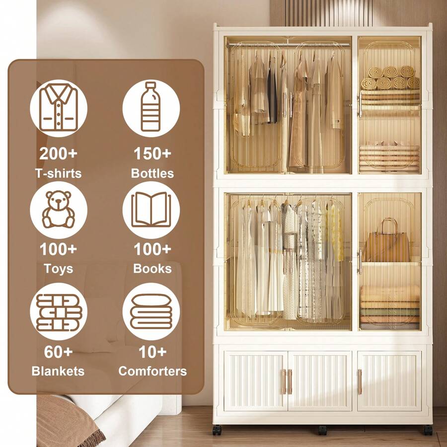 Portable Wardrobe Closet Storage Organizer For Clothes,Clothes Dresser,9 Magnetic Doors-9 Cubes & 2 Hanging Rod,6 Pcs Hangers , Baby Wardrobe Storage Cabinet, Cream White - 36.22"*17.72"*77.17" - 查看 1