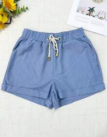 Women's Short Linen Shorts With Elastic Waistband - Blue - View 1