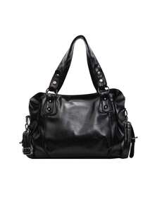 大容量纯色女士单肩包，时尚女士手提包，空间宽敞，可个性化定制，适合日常使用、上学、外出、购物、送礼、旅行、通勤等场合。 - 黑色 - 查看 7