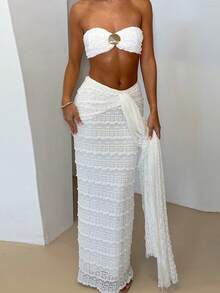 Women Summer Outfits Cute Shells Crop Bandeau Tops And Elastic Tie Front Skirt Set For Streetwear Aesthetic Clothes - 白色 - 查看 2