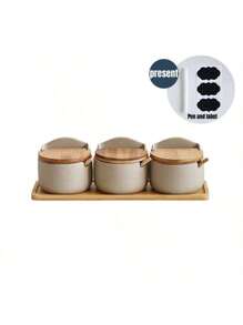 1 Stück/3 Stücke/4 Stücke grobes Keramik Gewürzglas Set mit Holztablett, beinhaltet Salz, Zucker, Hühnerbrühe, getrocknete Chilispeicher Behälter mit Löffeln, geeignet für Küche, Esszimmer, Outdoor Grill, wiederverwendbar