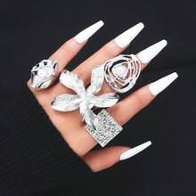4pcs Vintage Fashion Exaggerated Metallic Geometric Wavy Crinkle Faux Pearl Rings, Unique Sweet Punk Asymmetrical Ellipse Alloy Wrapped Open Ring, Suitable For Women Holiday Party Date Daily Match Gift - 銀色 - 查看 4