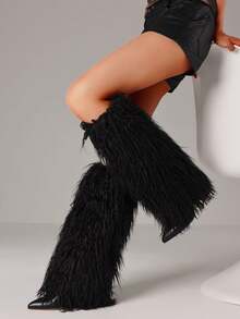 Y2K Style EdgyElongate Women's Winter Furry Snow Boots Women's Knee High Boots Faux Fur Shoes Pointy Toe Chunky Heel Cowboy Fashion Warm Fluffy Shoes - 黑色 - 查看 8