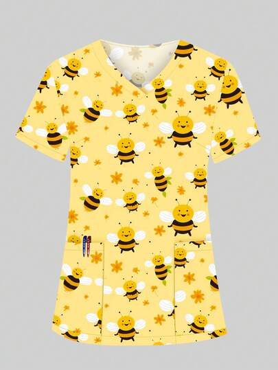 Plus Size Women V-Neck Loose Short Sleeve Cute Print Double Pockets Scrubs Nurse Scrubs Workwear Dentist Healthcare Pet Hospital Laboratory Top Spring