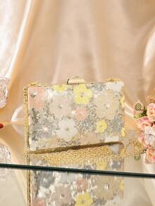 1 件女士花卉图案手提包，时尚复古亮片刺绣花朵链条晚宴包，适合派对女孩、新娘、新婚和办公室女士派对、舞会、婚礼，热情、优雅、小巧清新，适合商务旅行、郊游、工作、通勤 - 珊瑚粉 - 查看 2