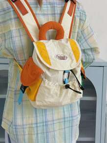 休闲拼色双口袋抽绳翻盖背包，女士便携式学校/校园包，适合学习、购物、返校季