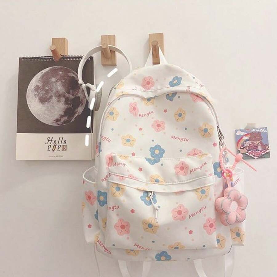 1PC 白色花朵背包，女士单肩包，大容量，可爱卡通图案，内置隔层口袋，适合外出、上学