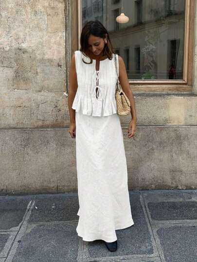 Women's Sleeveless Crew Neck Casual Pleated Tie-Up Crop Top And Low Waist Mermaid Maxi Skirt 2 Pieces Set Skirt, Matching Tank Tops, Sheer Flowy Skirts, Long Sexy Beach Suit With Straps Blouse, Cute Bow Going Out Outfit, Spring Summer Fall