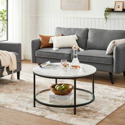 Coffee Table, Living Room Table, Sofa Cocktail Table Faux Marble Round, Tempered Glass Storage Shelf, Easy To Assemble, Modern Style, For Living Room, Marble White And Black