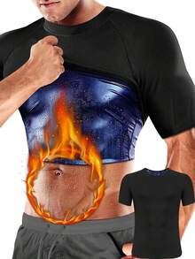 Sauna Shirt For Men Sweat Suit Compression T-Shirt Weight Loss Body Shaper Shirts For Workout Sports - 黑色 - 查看 1