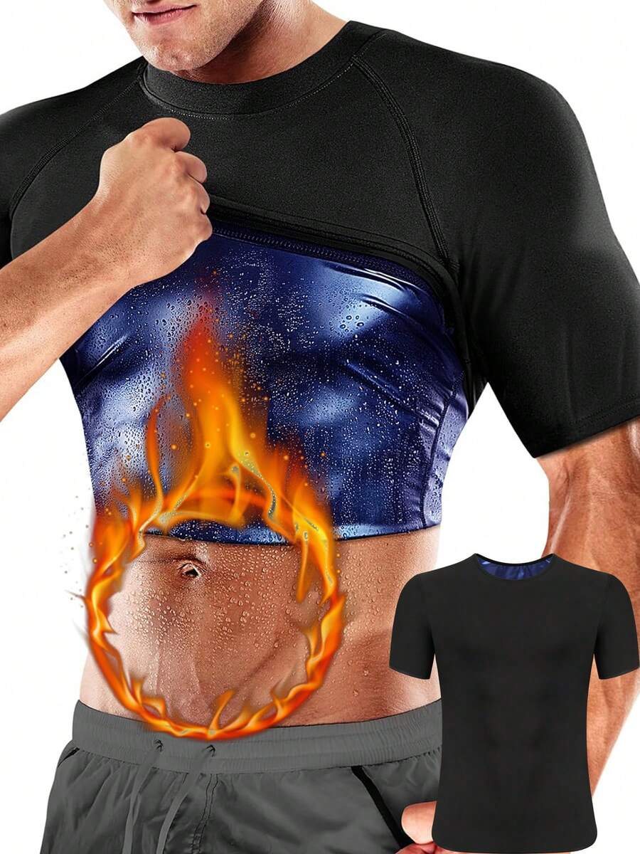 Sauna Shirt For Men Sweat Suit Compression T-Shirt Weight Loss Body Shaper Shirts For Workout Sports - 黑色 - 查看 1
