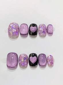 10 móng tay giả thủ công nguyên chất, hình vuông ngắn, màu hồng và tím, phong cách Y2K dễ thương, ngọt ngào và cá tính, họa tiết ngôi sao tình yêu, thích hợp cho nữ và bé gái mùa xuân, hè, thu, đông, tiệc Halloween và sử dụng hàng ngày. - Màu tím - Xem 2
