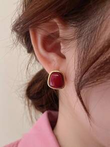 1 套简约花卉仿珍珠红色滴油几何方形奢华优雅设计耳环套装，适合女性日常和节日佩戴 - 套裝M款 - 查看 9