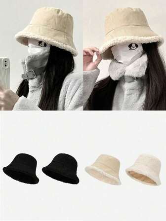 1顶秋冬新款双面加厚保暖渔夫帽，女士复古休闲灯芯绒渔夫帽，防晒，纯色，休闲，涤纶保暖内衬，保暖