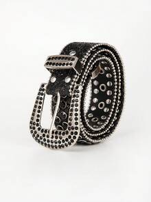 1pc Women's Multicolor Punk Y2K Denim Rock Laser Rhinestone-Embedded Belt, Suitable For Daily Wear - 黑色 - 查看 4