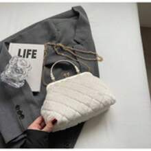 Plush Mesh Clip Opening Shell Bag, Gold Chain And Metal Buckle Decoration, Versatile And Fashionable Evening Bag, Handheld Design, Suitable For Dinner And Everyday Wear. - 米色 - 查看 3