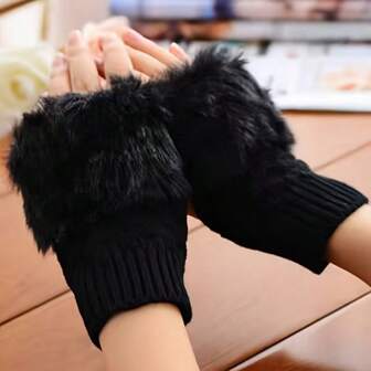 1 Pair Of Autumn And Winter Imitation Rabbit Hair Gloves, Women's Half Finger Gloves, Knitted Yarn, Warm Wrist, Exposed Finger Writing Gloves