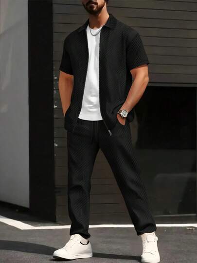 2 件男士夏季休闲纯色提花拉链领衬衫 + 裤子套装，春夏夏威夷运动度假装