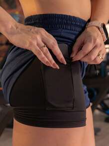 Women's 2-In-1 Gym Shorts, Sports Training Fitness Suplex Dry Fit - Navy Blue - View 3