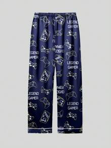 2 件套青少年男孩电子游戏印花中式立领长袖纽扣上衣和裤子休闲睡衣套装 - 彩色 - 查看 4