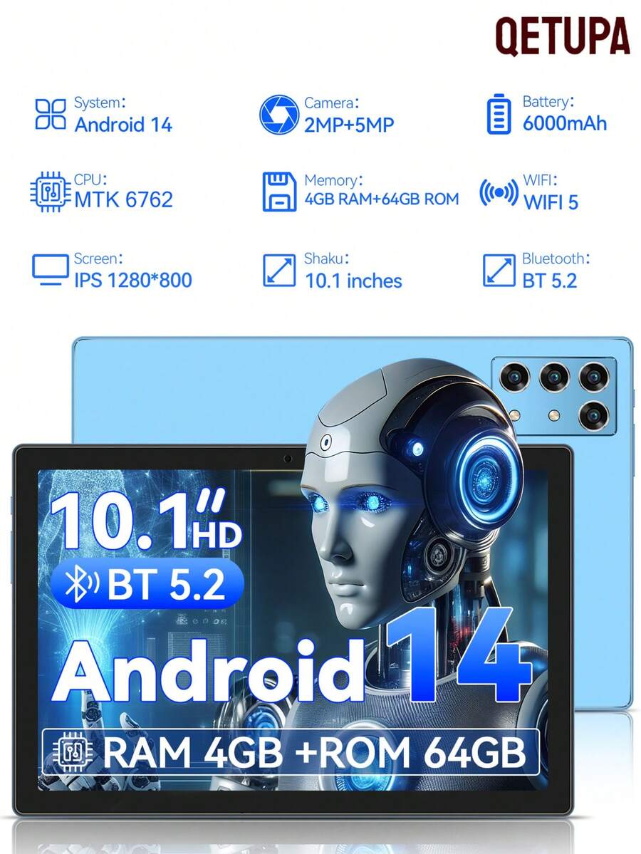 Qetupa 10.1英寸安卓14平板电脑，4GB RAM + 64GB/128GB ROM，MTK 6762四核2.0GHz处理器，高清(1280x800) IPS触控屏，200万像素前置摄像头和500万像素后置摄像头，6000mAh大容量电池，支持蓝牙5.2和802.11ac WiFi 5。 - 藍色 - 查看 1