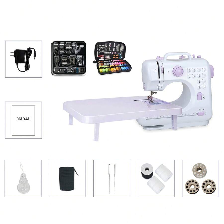Mini Sewing Machine With Extension Plate, 11 Needle Holder Foot, 97-Piece Sewing Accessory Set, EU 220V, Purple - EU C Type Plug(220-240V) - View 1
