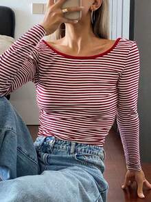 Vaiaye Women's Sexy Backless Striped Knit Long Sleeve Top, Backless Round Neck Casual T-Shirt, Suitable For Work Commute In Spring And Summer - Red - View 9
