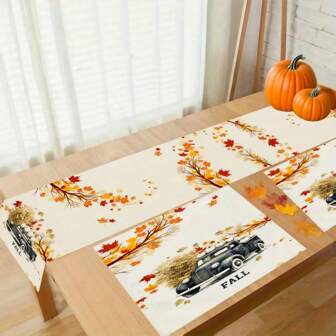 Un conjunto de 4/6 manteles individuales y 1 camino de mesa, con estampados de calabaza de otoño y hojas de arce. Manteles, individuales y decoraciones para platos adecuados para la cocina, el estilo rural del hogar y las reuniones familiares. Adecuado para cenas, fiestas, reuniones y regalos festivos, es una opción ideal para regalos de otoño.