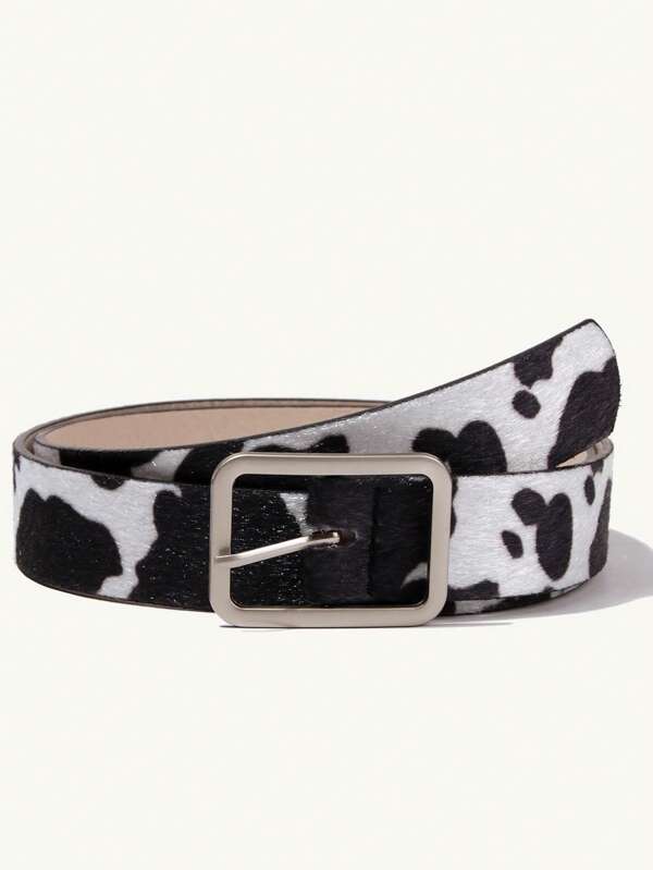 New Cow Print PU Square Buckle Personalized Unisex Belt, Fashion Streetwear, Versatile For Jeans