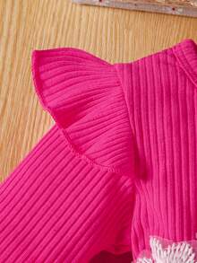 Baby Girls' Floral Embroidery Waist Ruffle Hem Long Sleeve Ribbed Mesh Princess Dress - Hot Pink - View 3