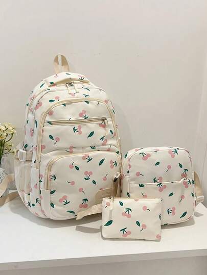 3件套尼龙蝴蝶结印花背包，可折叠多口袋大容量防水拉链背包，适合青少年、高中生、大学生、女生日常使用、通勤、旅行，情人节礼物