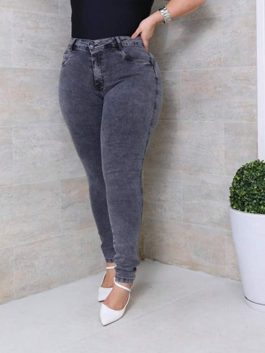 Women's Plus Size Jeans In Marbled Graphite, High Waist, Elastane And Butt Shaping - 石墨灰 - 查看 1